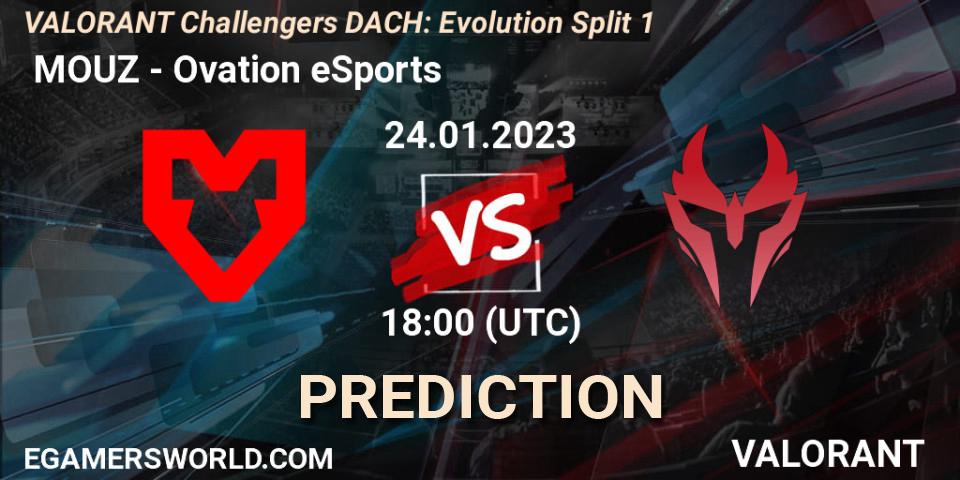  MOUZ contre Ovation eSports : prédiction de match. 24.01.2023 at 18:00. VALORANT, VALORANT Challengers 2023 DACH: Evolution Split 1
