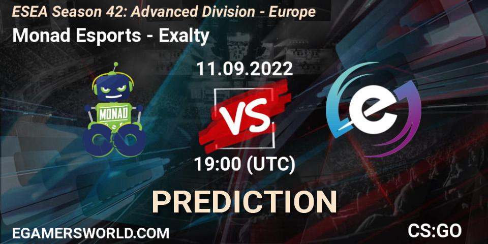 Monad Esports contre Exalty : prédiction de match. 11.09.2022 at 19:00. Counter-Strike (CS2), ESEA Season 42: Advanced Division - Europe