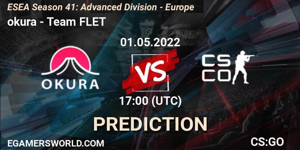 okura contre Team FLET : prédiction de match. 01.05.2022 at 17:00. Counter-Strike (CS2), ESEA Season 41: Advanced Division - Europe