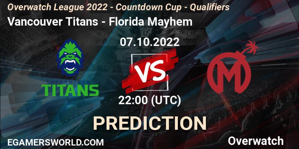 Vancouver Titans contre Florida Mayhem : prédiction de match. 07.10.2022 at 21:35. Overwatch, Overwatch League 2022 - Countdown Cup - Qualifiers
