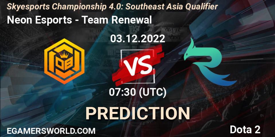 Neon Esports contre Team Renewal : prédiction de match. 03.12.2022 at 07:29. Dota 2, Skyesports Championship 4.0: Southeast Asia Qualifier