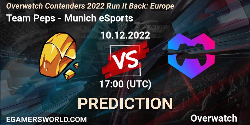 Team Peps contre Munich eSports : prédiction de match. 10.12.2022 at 17:00. Overwatch, Overwatch Contenders 2022 Run It Back: Europe