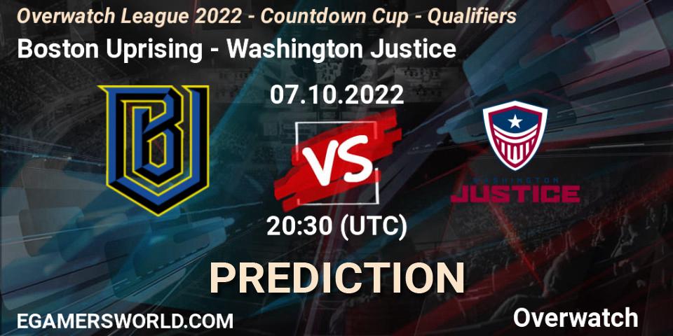 Boston Uprising contre Washington Justice : prédiction de match. 07.10.2022 at 19:30. Overwatch, Overwatch League 2022 - Countdown Cup - Qualifiers