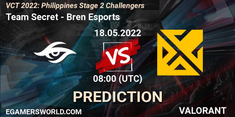 Team Secret contre Bren Esports : prédiction de match. 18.05.2022 at 09:00. VALORANT, VCT 2022: Philippines Stage 2 Challengers