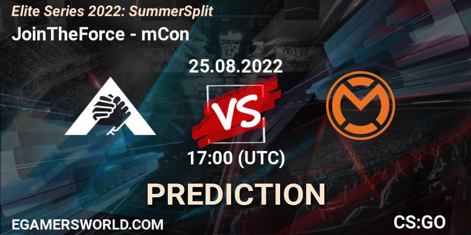 JoinTheForce contre mCon : prédiction de match. 25.08.2022 at 17:00. Counter-Strike (CS2), Elite Series 2022: Summer Split