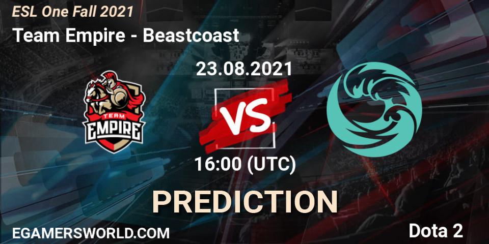 Team Empire contre Beastcoast : prédiction de match. 24.08.2021 at 16:00. Dota 2, ESL One Fall 2021