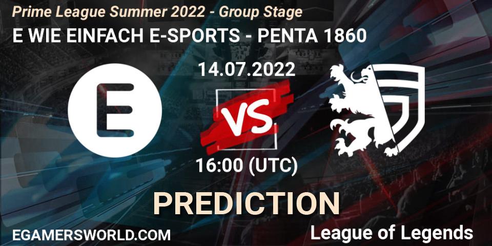 E WIE EINFACH E-SPORTS contre PENTA 1860 : prédiction de match. 14.07.2022 at 16:00. LoL, Prime League Summer 2022 - Group Stage