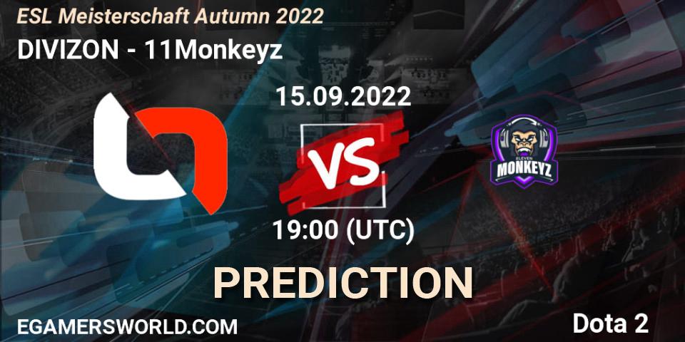 DIVIZON contre 11Monkeyz : prédiction de match. 15.09.2022 at 19:18. Dota 2, ESL Meisterschaft Autumn 2022