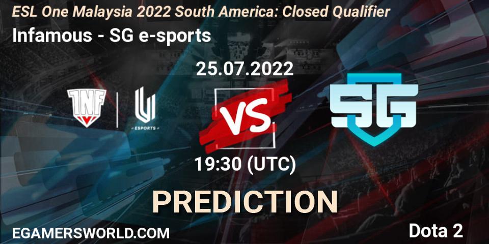 Infamous contre SG e-sports : prédiction de match. 25.07.2022 at 19:33. Dota 2, ESL One Malaysia 2022 South America: Closed Qualifier
