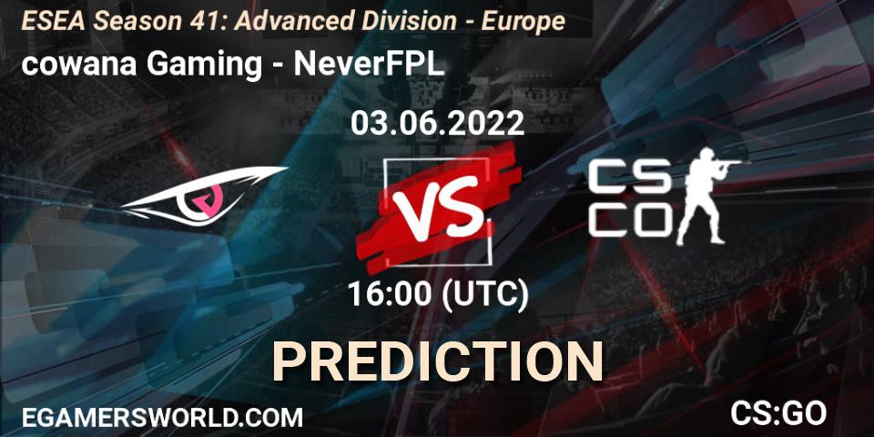 cowana Gaming contre NeverFPL : prédiction de match. 03.06.2022 at 16:00. Counter-Strike (CS2), ESEA Season 41: Advanced Division - Europe