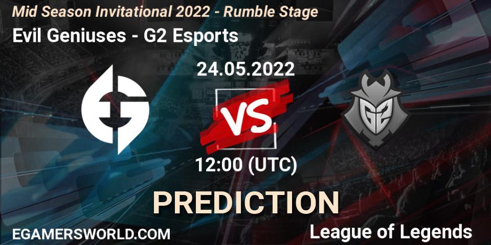Evil Geniuses contre G2 Esports : prédiction de match. 24.05.2022 at 10:00. LoL, Mid Season Invitational 2022 - Rumble Stage