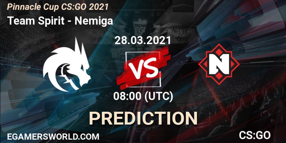 Team Spirit contre Nemiga : prédiction de match. 28.03.2021 at 08:00. Counter-Strike (CS2), Pinnacle Cup #1
