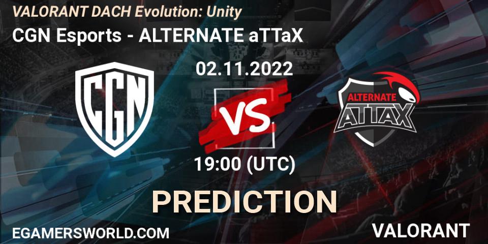 CGN Esports contre ALTERNATE aTTaX : prédiction de match. 02.11.2022 at 20:15. VALORANT, VALORANT DACH Evolution: Unity