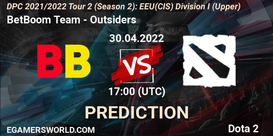 BetBoom Team contre Outsiders : prédiction de match. 30.04.2022 at 17:00. Dota 2, DPC 2021/2022 Tour 2 (Season 2): EEU(CIS) Division I (Upper)