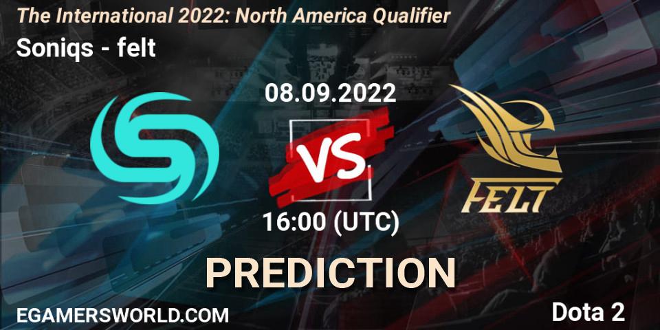 Soniqs contre felt : prédiction de match. 08.09.22. Dota 2, The International 2022: North America Qualifier