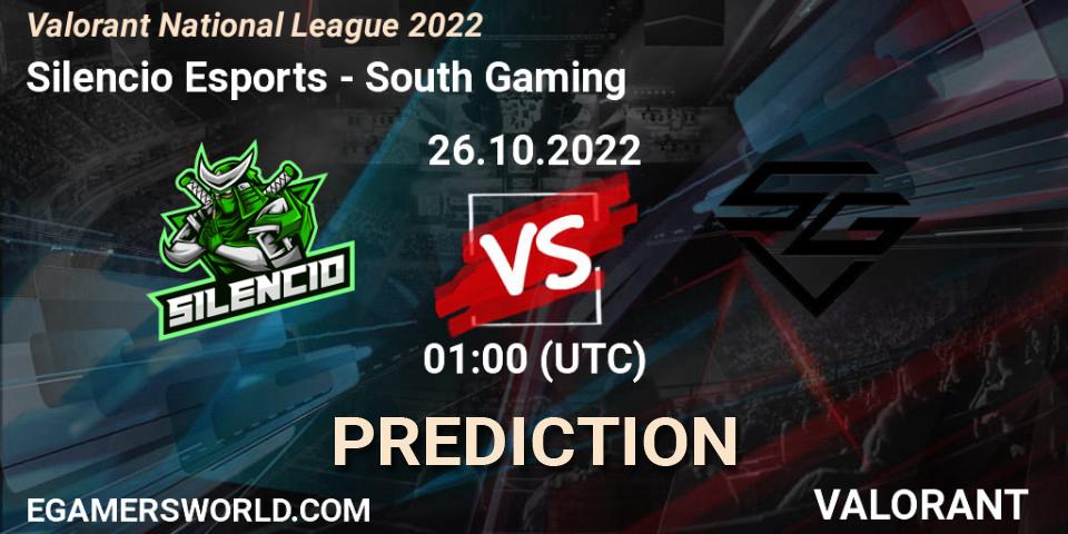 Silencio Esports contre South Gaming : prédiction de match. 26.10.2022 at 01:00. VALORANT, Valorant National League 2022