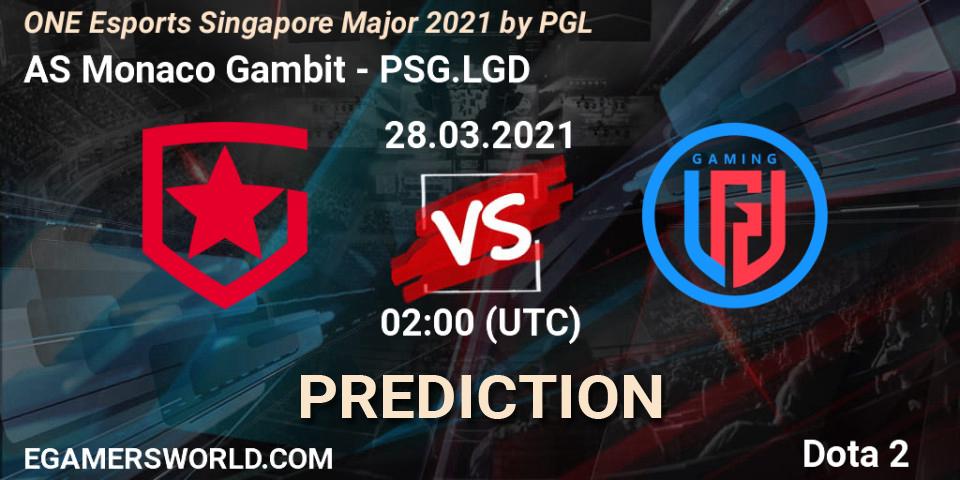 AS Monaco Gambit contre PSG.LGD : prédiction de match. 28.03.2021 at 02:00. Dota 2, ONE Esports Singapore Major 2021