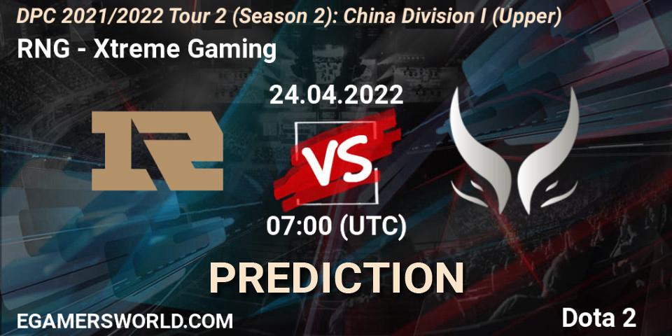 RNG contre Xtreme Gaming : prédiction de match. 24.04.2022 at 07:03. Dota 2, DPC 2021/2022 Tour 2 (Season 2): China Division I (Upper)