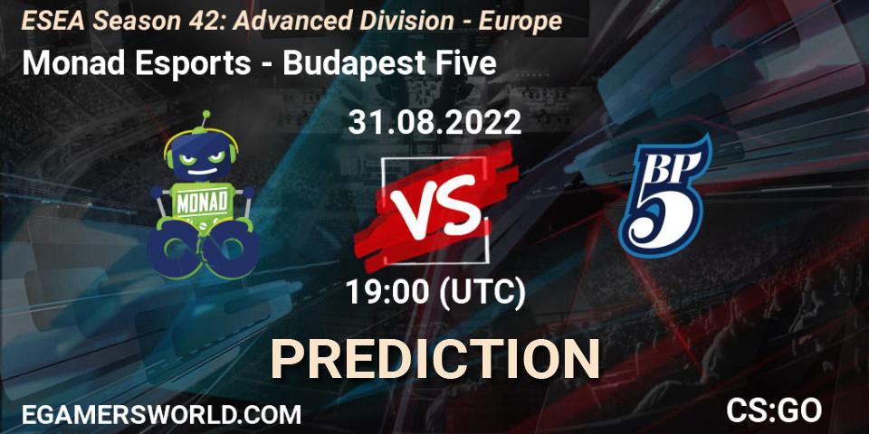Monad Esports contre Budapest Five : prédiction de match. 31.08.2022 at 19:00. Counter-Strike (CS2), ESEA Season 42: Advanced Division - Europe