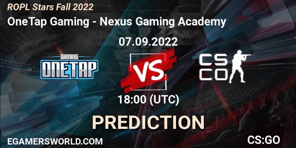 OneTap Gaming contre Nexus Gaming Academy : prédiction de match. 07.09.2022 at 18:00. Counter-Strike (CS2), ROPL Stars Fall 2022