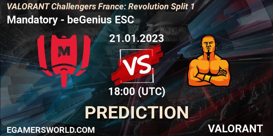 Mandatory contre beGenius ESC : prédiction de match. 21.01.2023 at 18:00. VALORANT, VALORANT Challengers 2023 France: Revolution Split 1