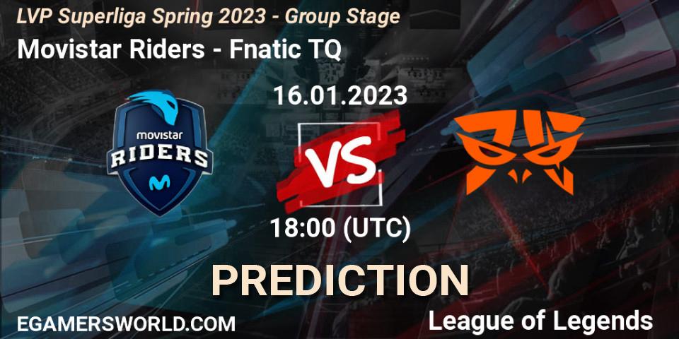 Movistar Riders contre Fnatic TQ : prédiction de match. 16.01.2023 at 18:00. LoL, LVP Superliga Spring 2023 - Group Stage