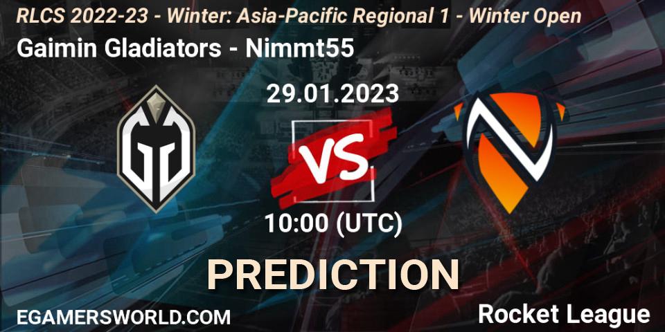 Gaimin Gladiators contre Nimmt55 : prédiction de match. 29.01.2023 at 10:00. Rocket League, RLCS 2022-23 - Winter: Asia-Pacific Regional 1 - Winter Open