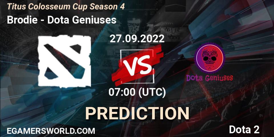 Brodie contre Dota Geniuses : prédiction de match. 27.09.2022 at 07:14. Dota 2, Titus Colosseum Cup Season 4 