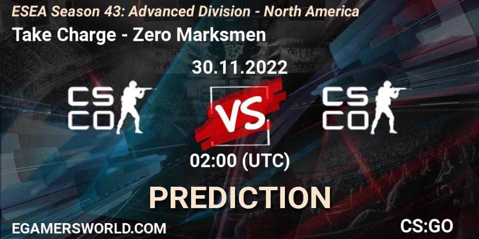Take Charge contre Zero Marksmen : prédiction de match. 30.11.2022 at 02:00. Counter-Strike (CS2), ESEA Season 43: Advanced Division - North America
