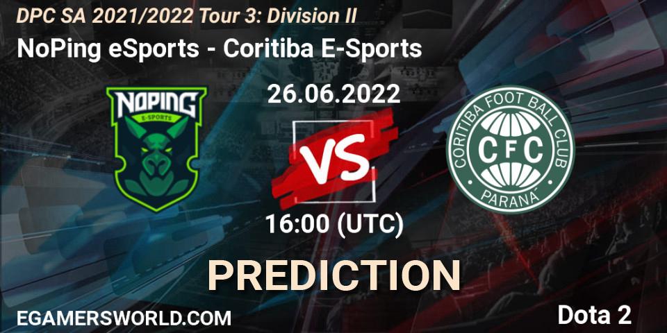 NoPing eSports contre Coritiba E-Sports : prédiction de match. 26.06.2022 at 16:02. Dota 2, DPC SA 2021/2022 Tour 3: Division II