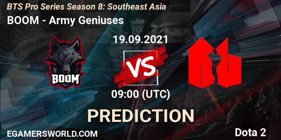 BOOM contre Army Geniuses : prédiction de match. 19.09.2021 at 09:09. Dota 2, BTS Pro Series Season 8: Southeast Asia