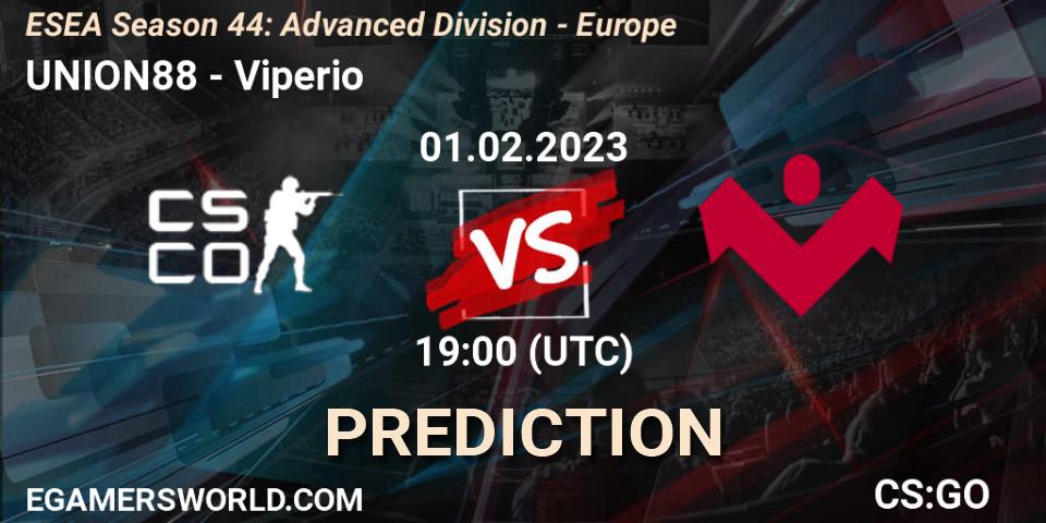 UNION88 contre Viperio : prédiction de match. 01.02.2023 at 19:00. Counter-Strike (CS2), ESEA Season 44: Advanced Division - Europe