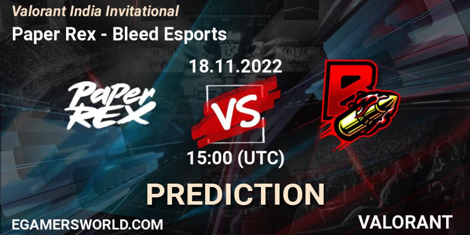 Paper Rex contre Bleed Esports : prédiction de match. 18.11.2022 at 20:00. VALORANT, Valorant India Invitational