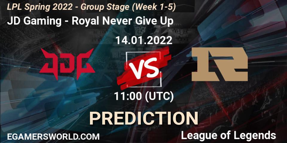 JD Gaming contre Royal Never Give Up : prédiction de match. 14.01.2022 at 11:30. LoL, LPL Spring 2022 - Group Stage (Week 1-5)