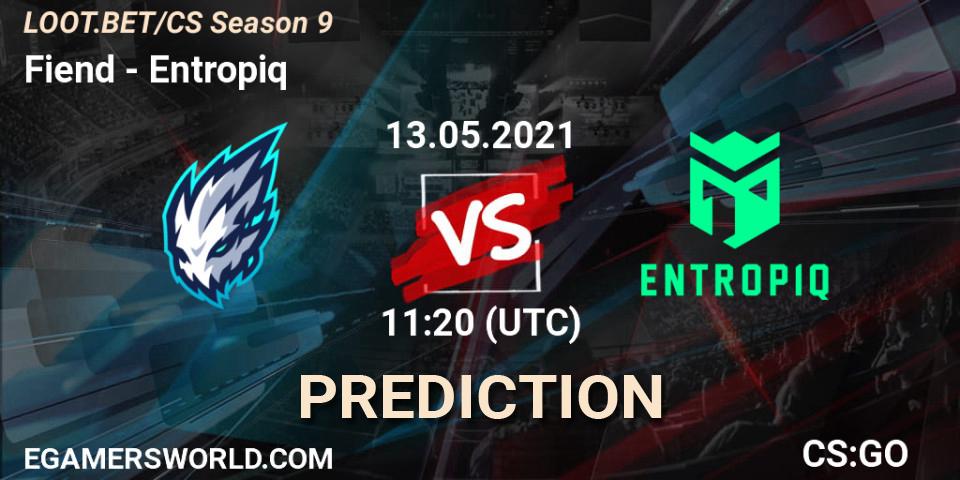 Fiend contre Entropiq : prédiction de match. 13.05.2021 at 11:20. Counter-Strike (CS2), LOOT.BET/CS Season 9