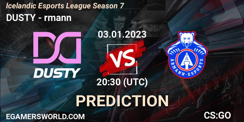 DUSTY contre Ármann : prédiction de match. 03.01.2023 at 20:30. Counter-Strike (CS2), Icelandic Esports League Season 7