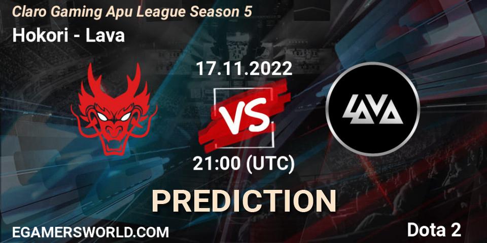Hokori contre Lava : prédiction de match. 17.11.2022 at 21:30. Dota 2, Claro Gaming Apu League Season 5