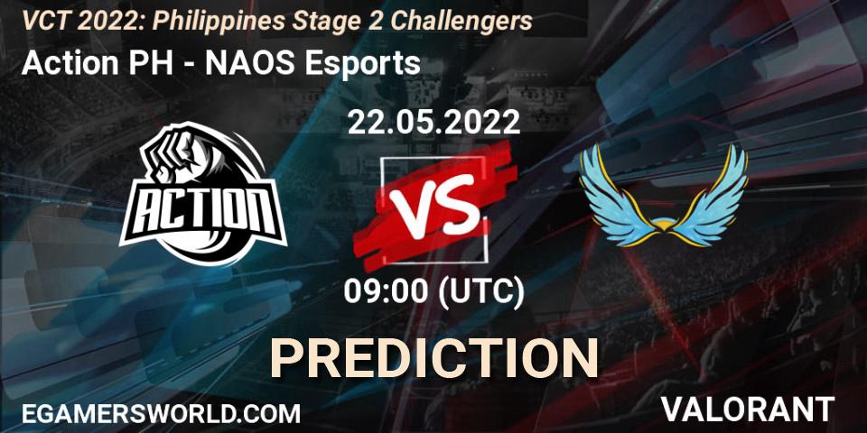 Action PH contre NAOS Esports : prédiction de match. 22.05.2022 at 10:00. VALORANT, VCT 2022: Philippines Stage 2 Challengers