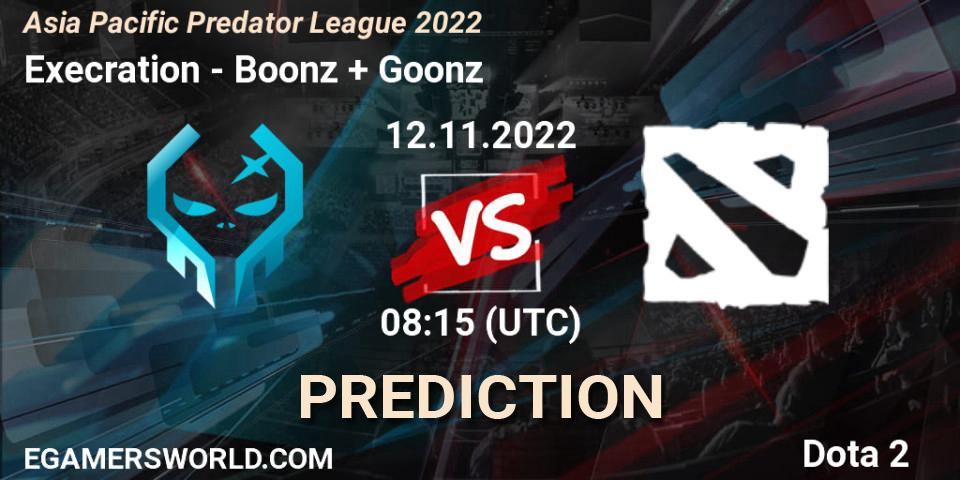 Execration contre Boonz + Goonz : prédiction de match. 12.11.2022 at 08:15. Dota 2, Asia Pacific Predator League 2022