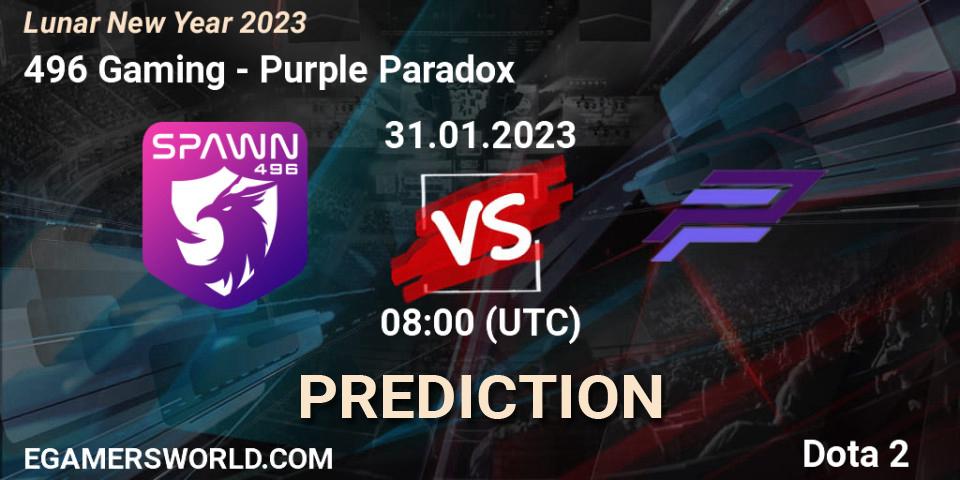496 Gaming contre Purple Paradox : prédiction de match. 31.01.23. Dota 2, Lunar New Year 2023