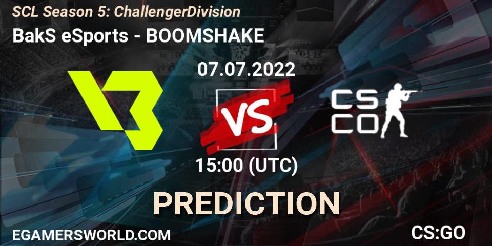 BakS eSports contre BOOMSHAKE : prédiction de match. 06.07.2022 at 18:00. Counter-Strike (CS2), SCL Season 5: Challenger Division