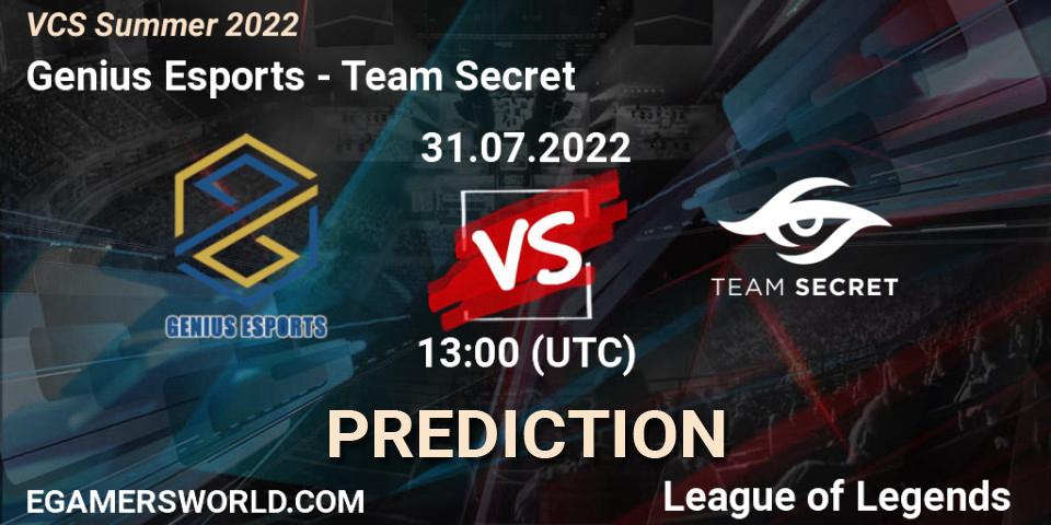 Genius Esports contre Team Secret : prédiction de match. 31.07.2022 at 12:00. LoL, VCS Summer 2022