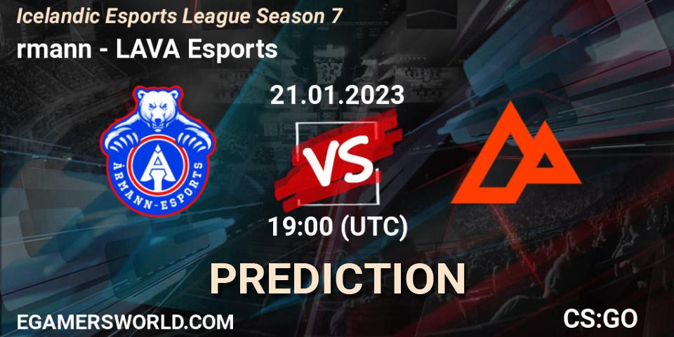 Ármann contre LAVA Esports : prédiction de match. 21.01.2023 at 19:00. Counter-Strike (CS2), Icelandic Esports League Season 7