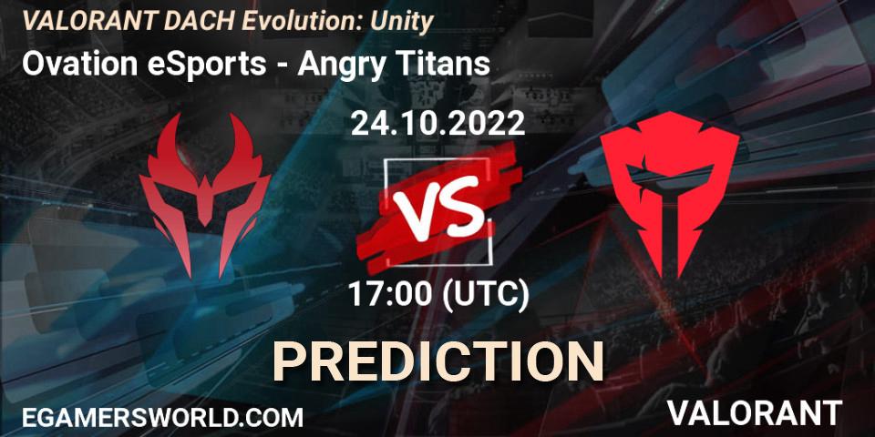 Ovation eSports contre Angry Titans : prédiction de match. 24.10.2022 at 17:00. VALORANT, VALORANT DACH Evolution: Unity