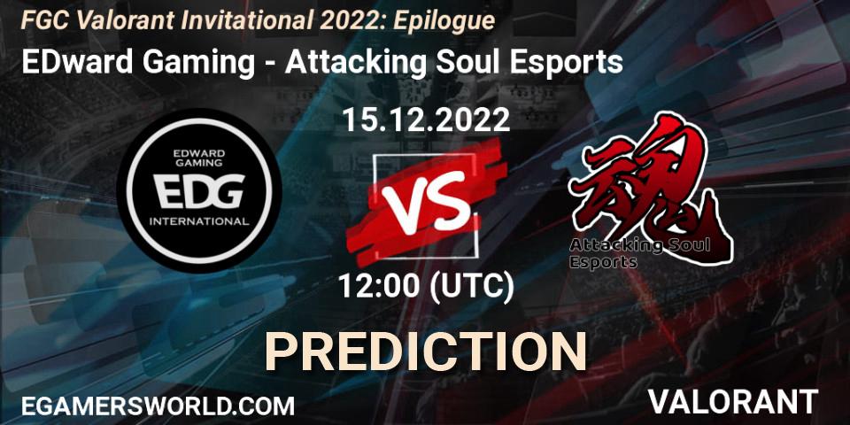 EDward Gaming contre Attacking Soul Esports : prédiction de match. 15.12.2022 at 12:00. VALORANT, FGC Valorant Invitational 2022: Epilogue