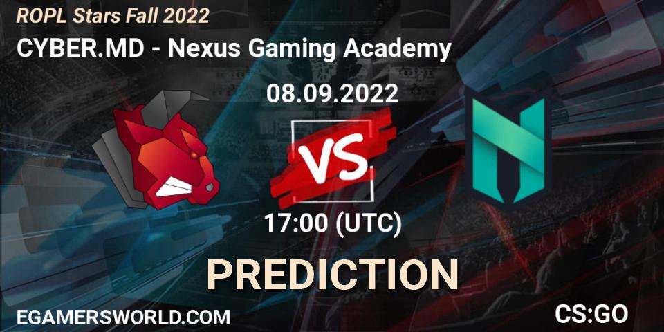 CYBER.MD contre Nexus Gaming Academy : prédiction de match. 08.09.2022 at 17:00. Counter-Strike (CS2), ROPL Stars Fall 2022