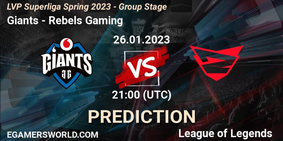 Giants contre Rebels Gaming : prédiction de match. 26.01.2023 at 21:00. LoL, LVP Superliga Spring 2023 - Group Stage