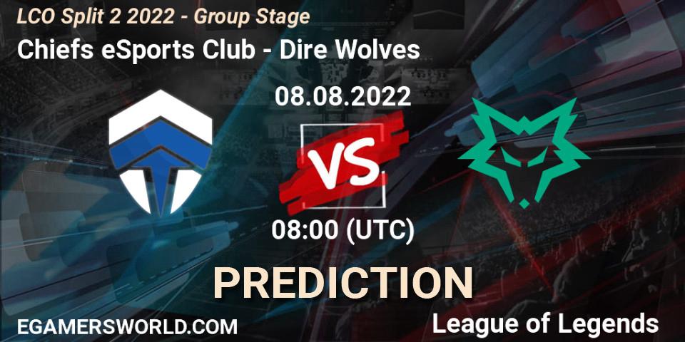 Chiefs eSports Club contre Dire Wolves : prédiction de match. 08.08.2022 at 08:00. LoL, LCO Split 2 2022 - Group Stage