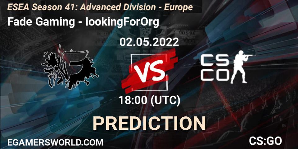Fade Gaming contre IookingForOrg : prédiction de match. 02.05.2022 at 18:00. Counter-Strike (CS2), ESEA Season 41: Advanced Division - Europe