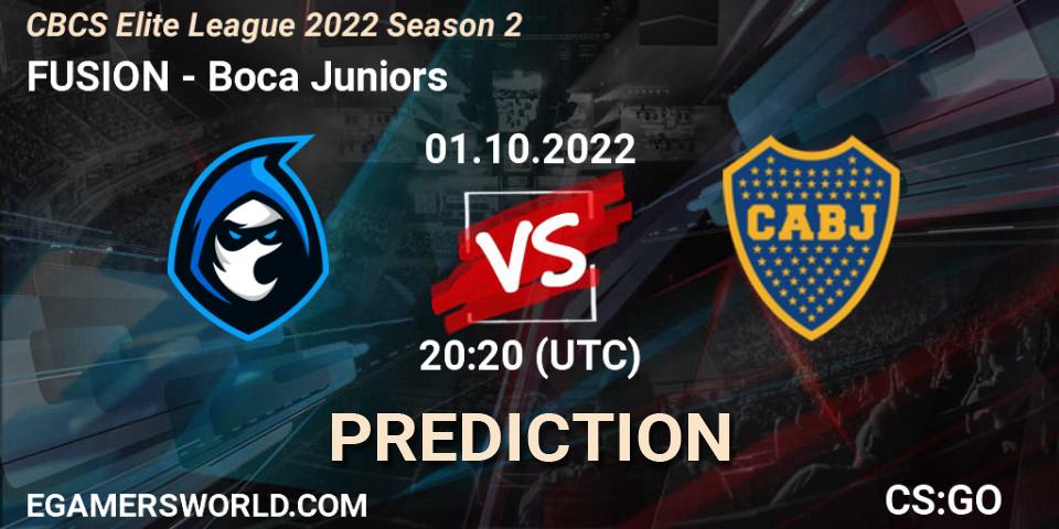 FUSION contre Boca Juniors : prédiction de match. 01.10.2022 at 20:20. Counter-Strike (CS2), CBCS Elite League 2022 Season 2